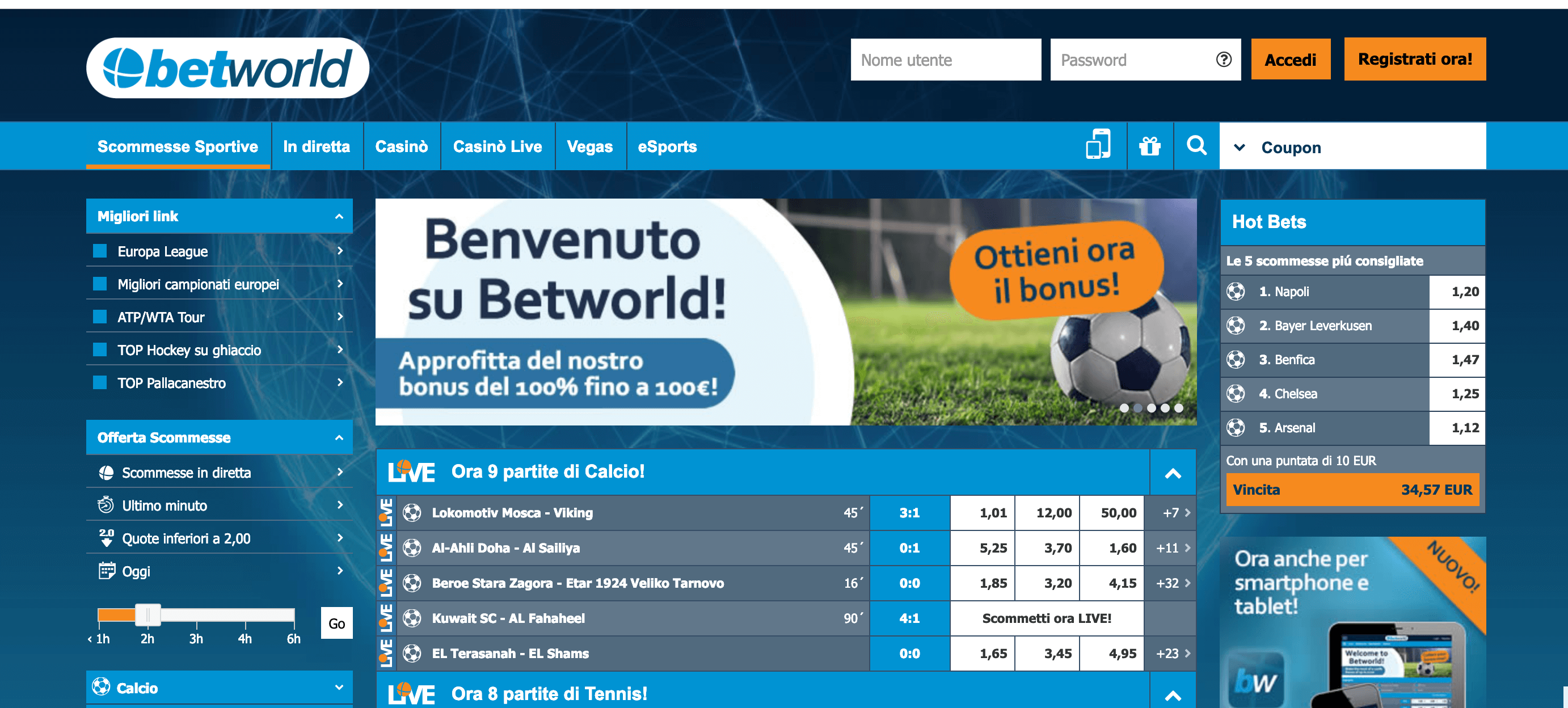 betworld Homepage in Italiano