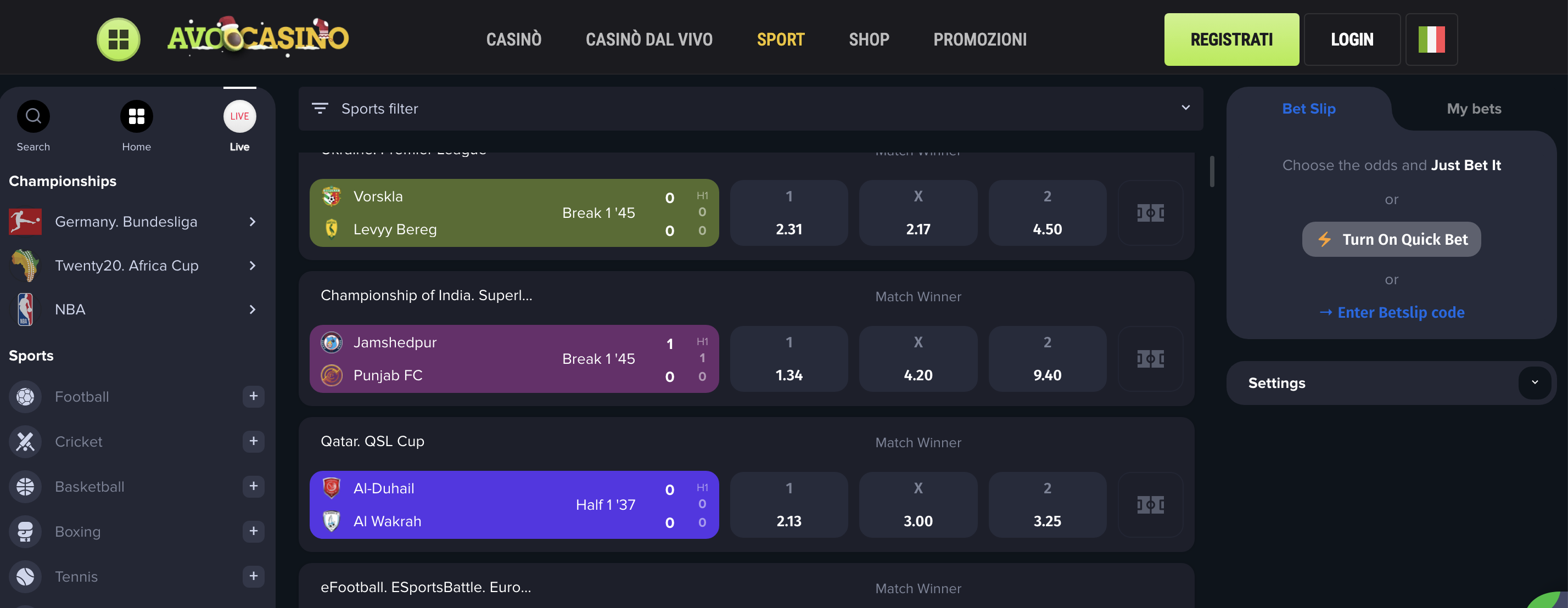 Avocasino Scommesse Live